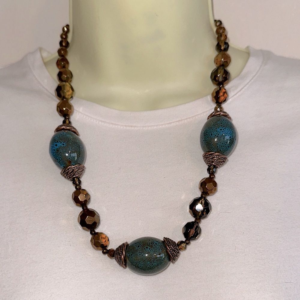 Premier Designs Brown &‎ Dark Turquoise Large Chunky Beaded Necklace